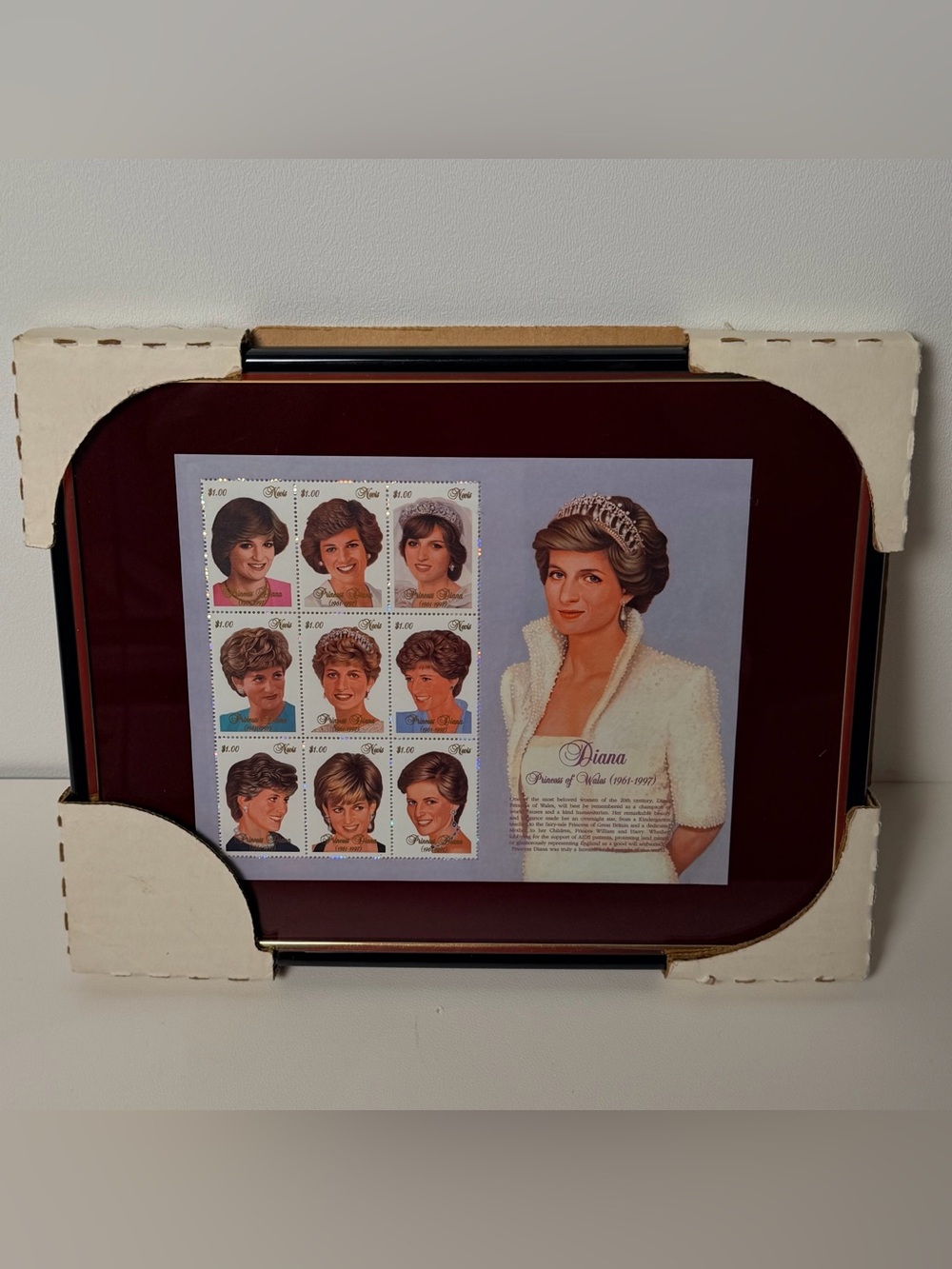 Princess Diana Stamp Sheets Glass Framed Velvet Backing Souvenir Vintage